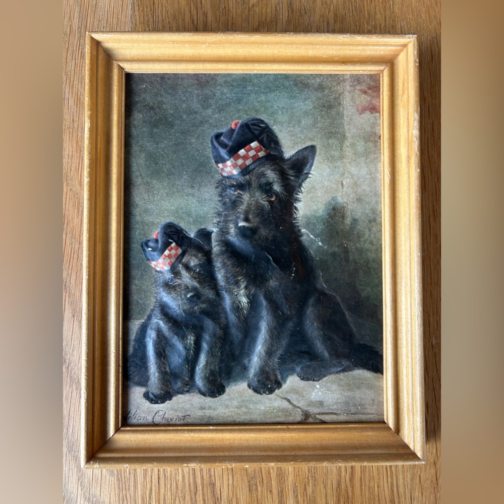 Vintage three dimensional picture of 2 Scottish Terriers. Signed Lilian Cheviot